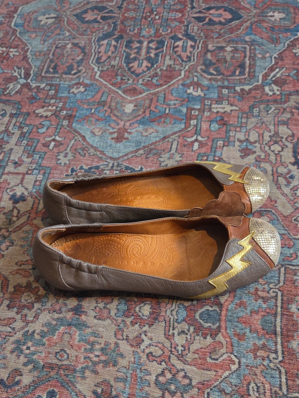 CHIE MIHARA Gray  Leather Golden Lightning Ballet Flats Size 37